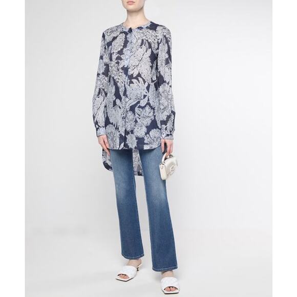 Giorgio Armani Blue Floral Print Tunic Blouse Size 44 XL Long Sleeve Cotton - Picture 1 of 15